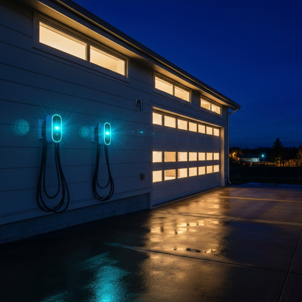 EV chargers powering vehicles at night