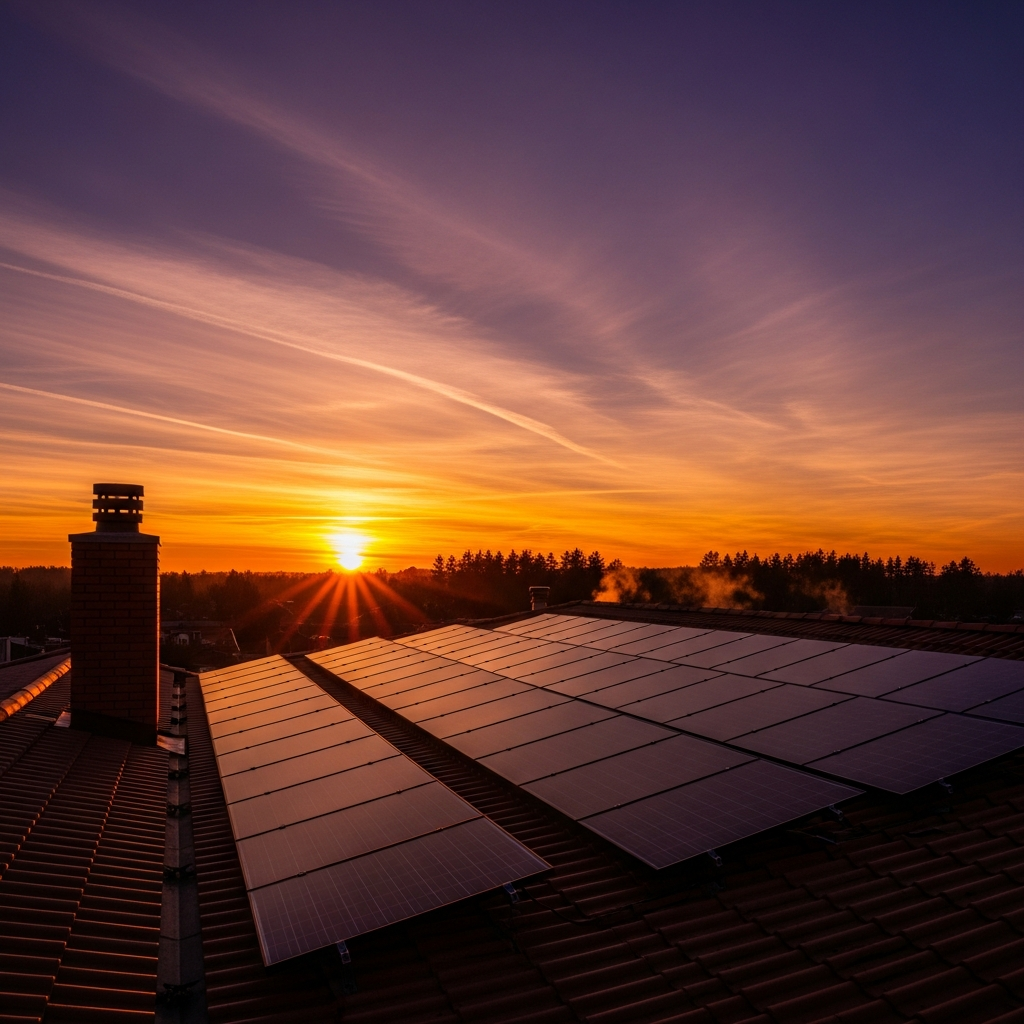 Solar array glowing at sunset on a California roof